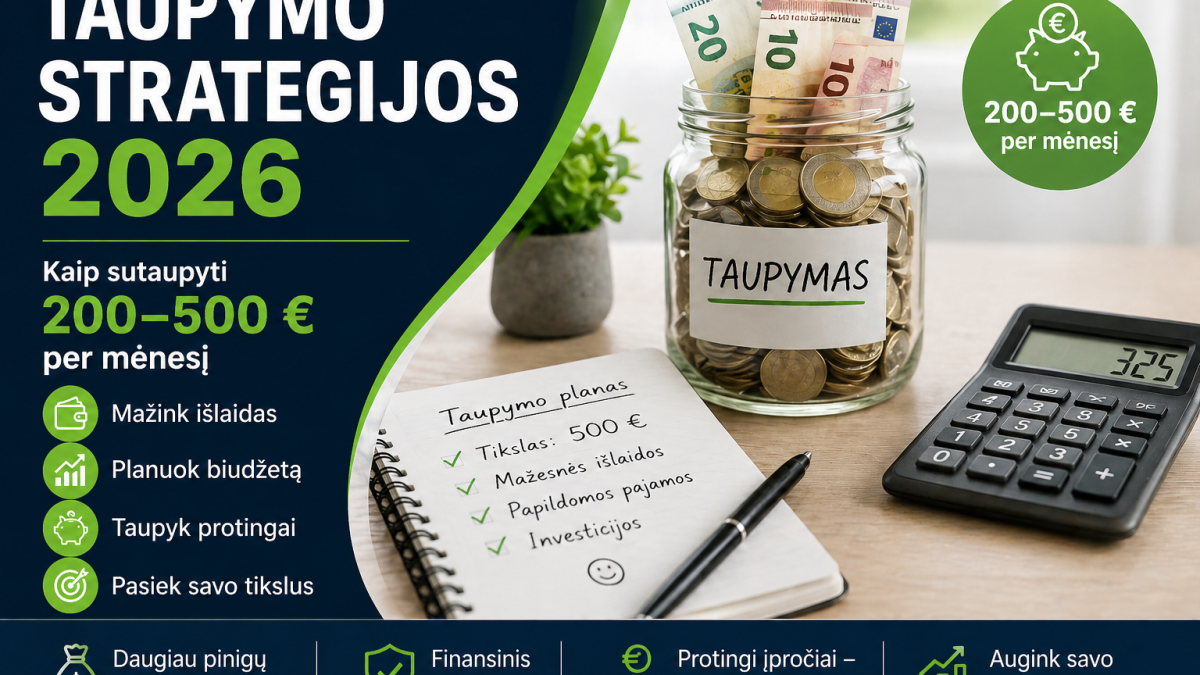 Taupymo strategijos 2026: kaip sutaupyti 200-500 € per mėnesį