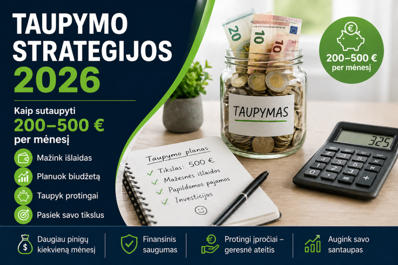 Taupymo strategijos 2026: kaip sutaupyti 200-500 € per mėnesį