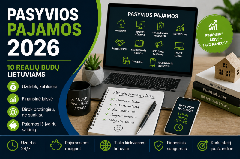 Pasyvios pajamos 2026: 10 realių būdų lietuviams