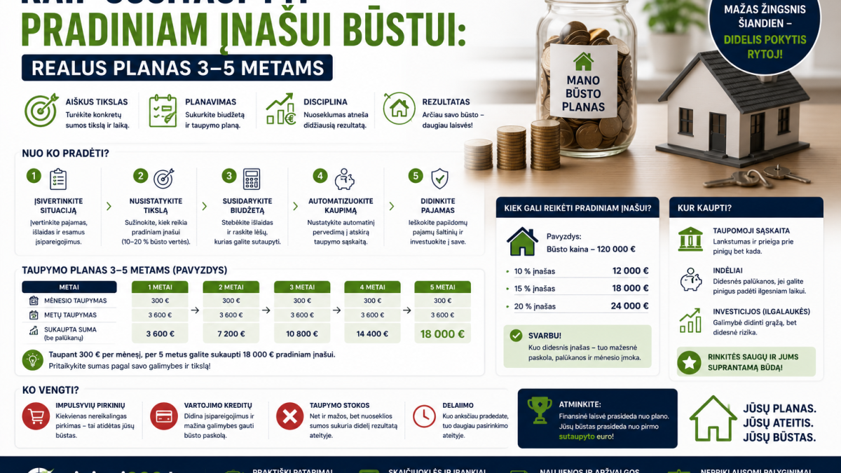Kaip susitaupyti pradiniam įnašui būstui: realus planas 3–5 metams