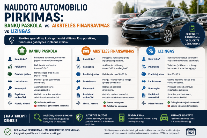 Naudoto automobilio pirkimas: bankų paskola vs aikštelės finansavimas vs lizingas