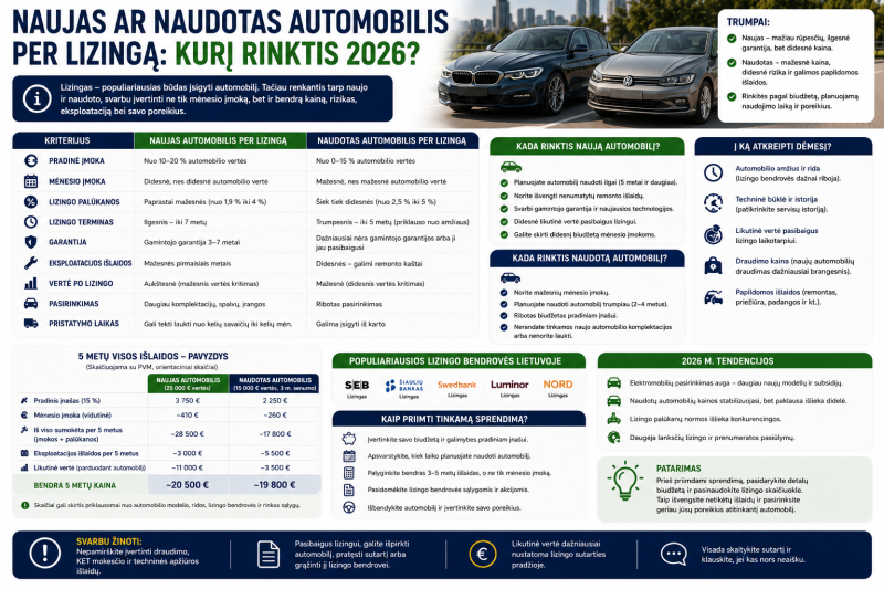 Naujas ar naudotas automobilis per lizingą: kurį rinktis 2026?