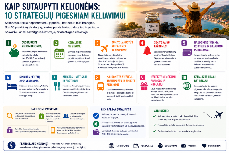 Kaip sutaupyti kelionėms: 10 strategijų pigesniam keliavimui