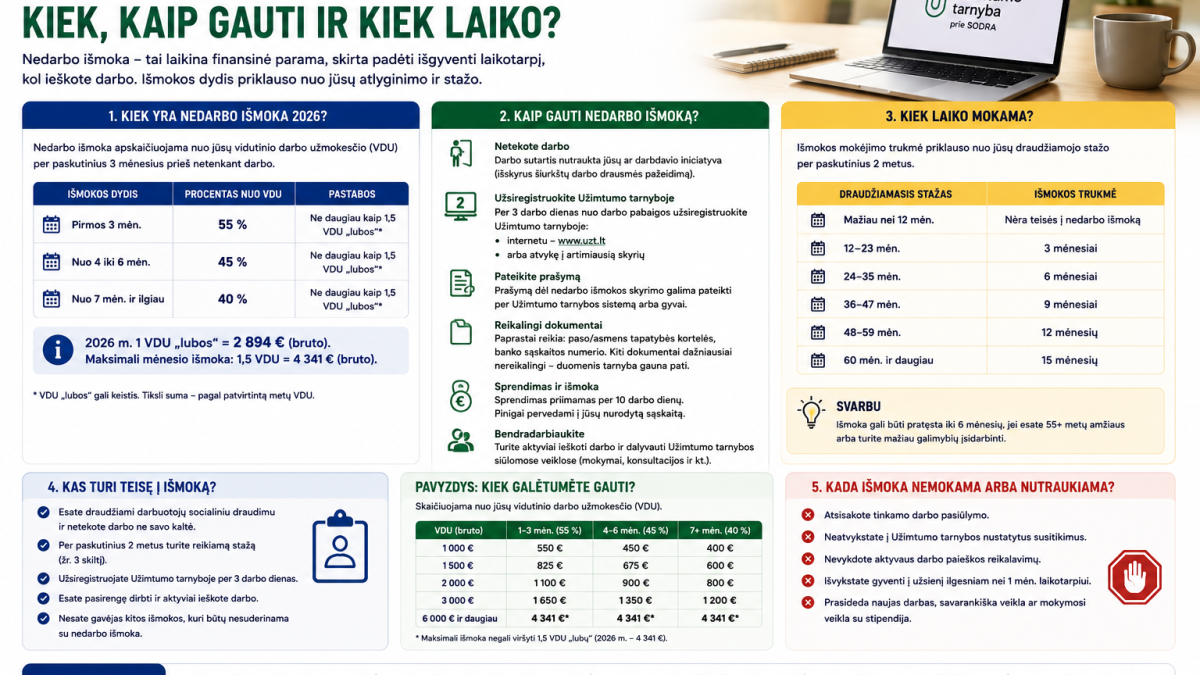 Nedarbo išmoka Lietuvoje 2026: kiek, kaip gauti ir kiek laiko?