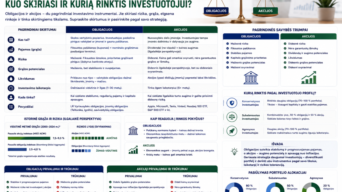 Obligacijos vs akcijos: kuo skiriasi ir kurią rinktis investuotojui?