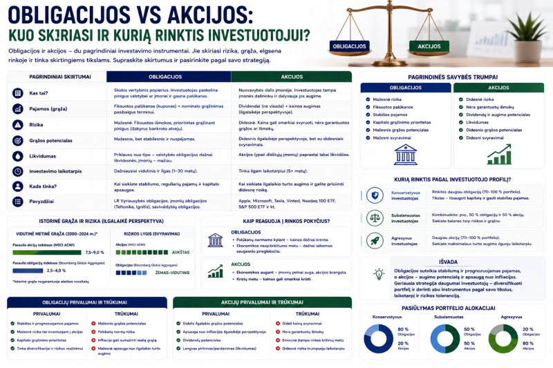 Obligacijos vs akcijos: kuo skiriasi ir kurią rinktis investuotojui?