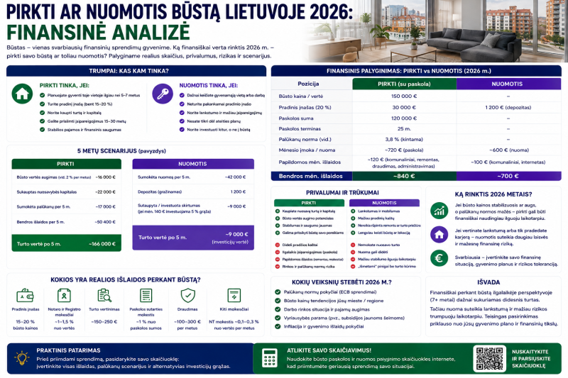 Pirkti ar nuomotis būstą Lietuvoje 2026: finansinė analizė