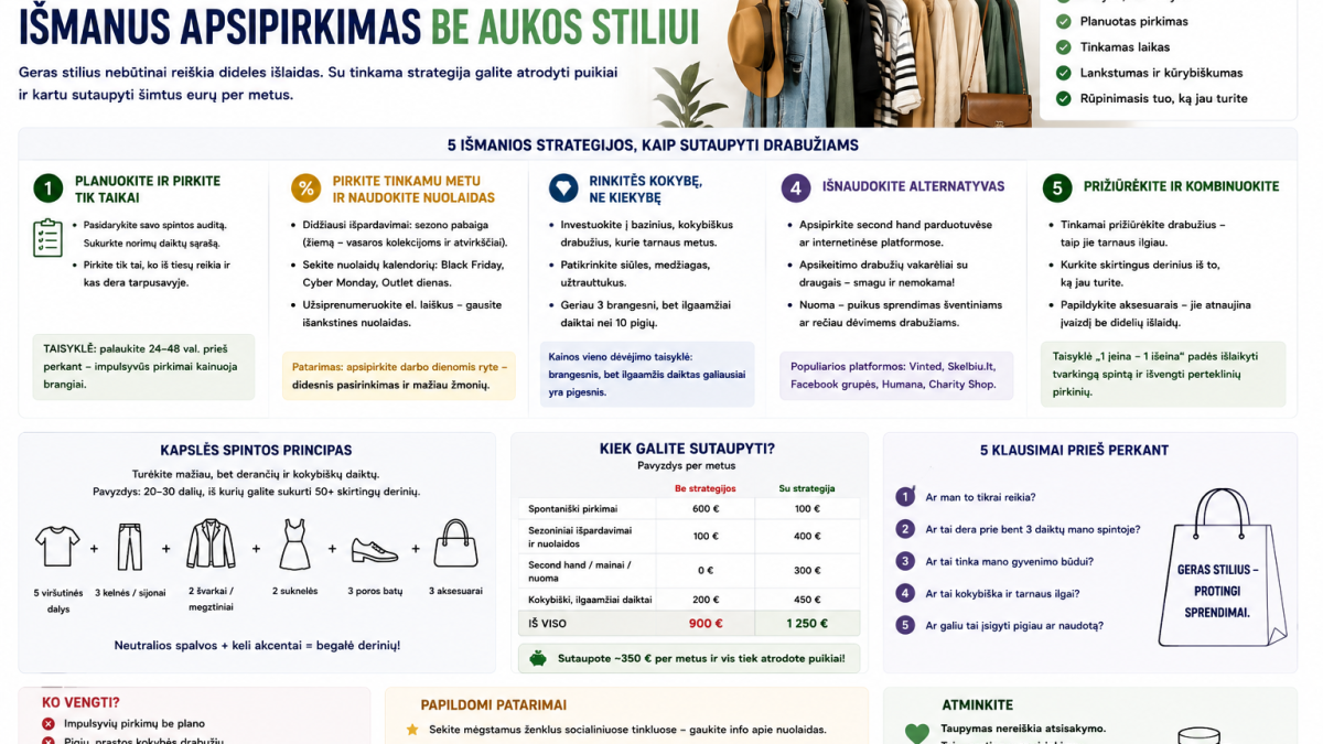 Kaip sutaupyti drabužiams: išmanus apsipirkimas be aukos stiliui