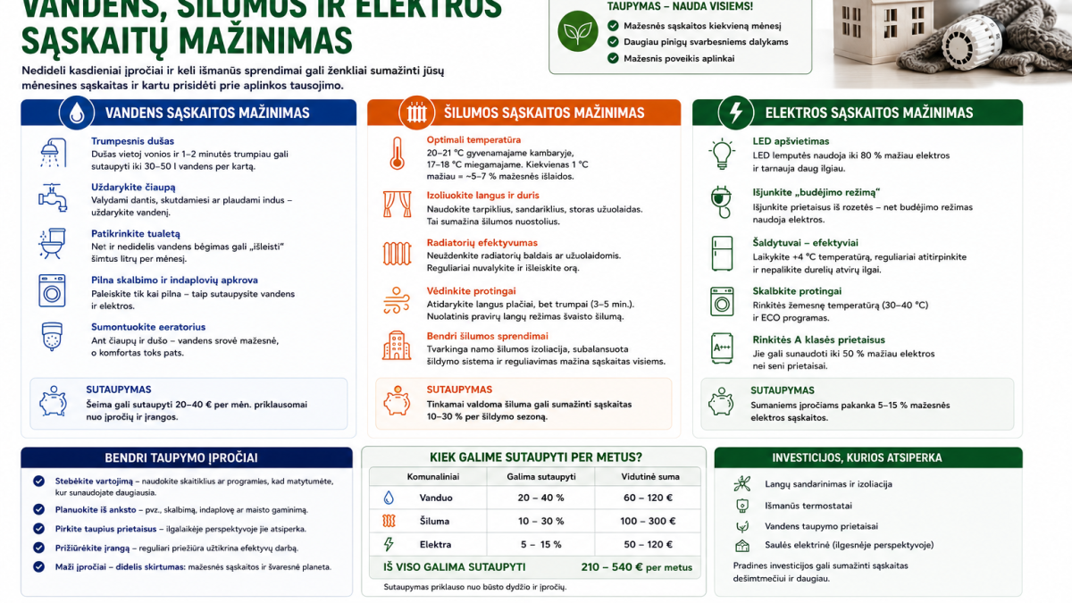 Kaip taupyti komunaliniams mokesčiams: vandens, šilumos ir elektros sąskaitų mažinimas