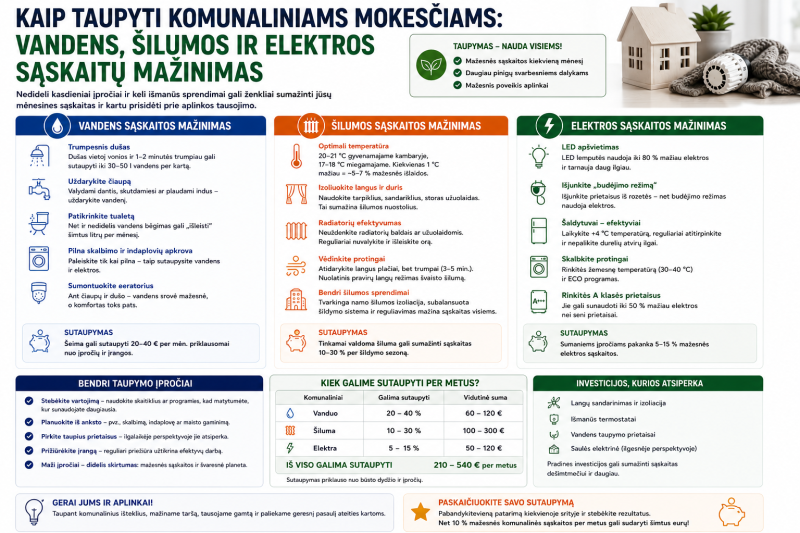 Kaip taupyti komunaliniams mokesčiams: vandens, šilumos ir elektros sąskaitų mažinimas