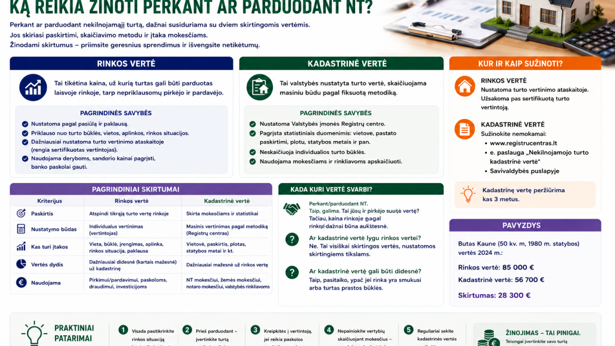 Kuo skiriasi rinkos vertė nuo kadastrinės: ką reikia žinoti perkant ar parduodant NT?