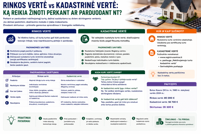 Kuo skiriasi rinkos vertė nuo kadastrinės: ką reikia žinoti perkant ar parduodant NT?