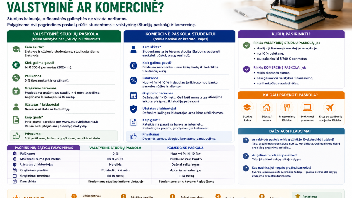 Paskola studentui Lietuvoje: valstybinė ar komercinė?