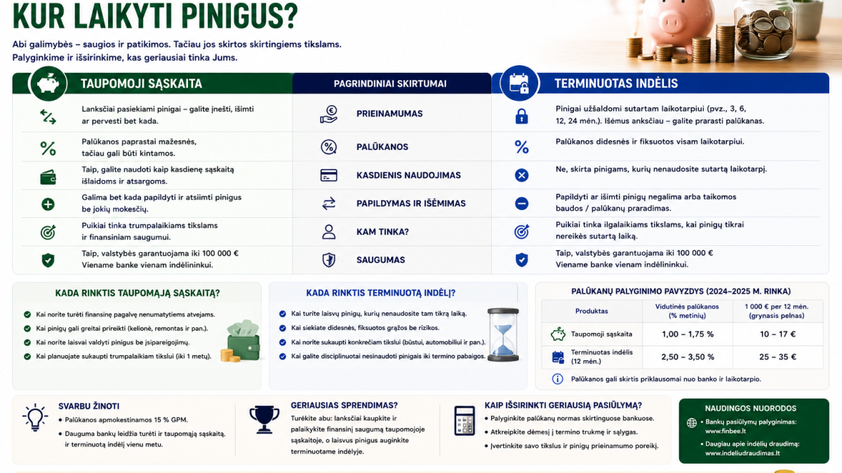 Taupomoji sąskaita vs terminuotas indėlis: kur laikyti pinigus?
