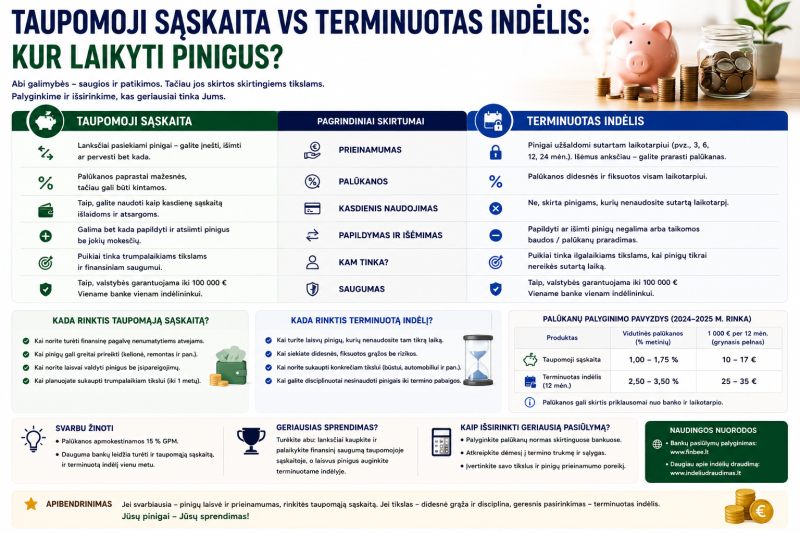 Taupomoji sąskaita vs terminuotas indėlis: kur laikyti pinigus?